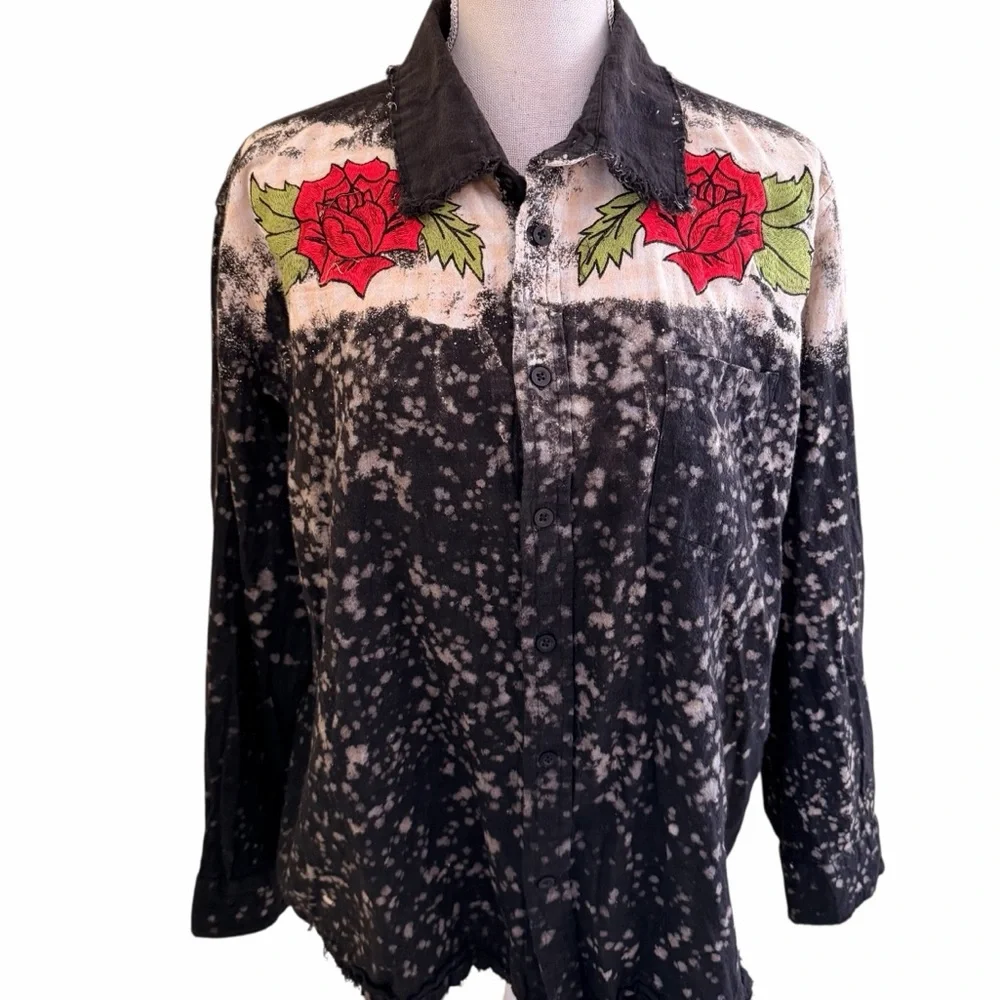 A Rare Bird "Smell the Roses" Distressed Black Flannel Shirt Rose Embroidery - Picture 1 of 12